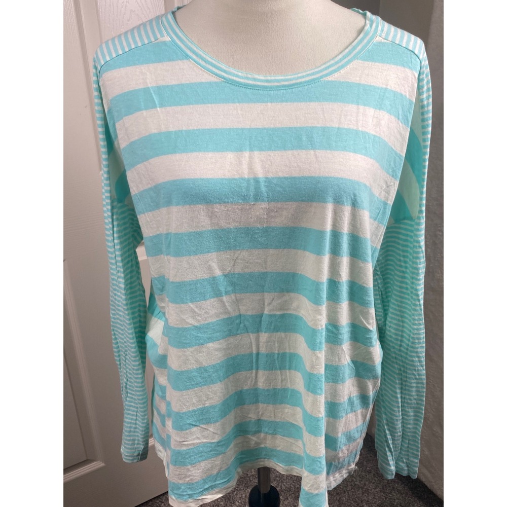 Aerie Women's Large Light Blue Striped Long Sleeve T-Shirt White Coastal Cool